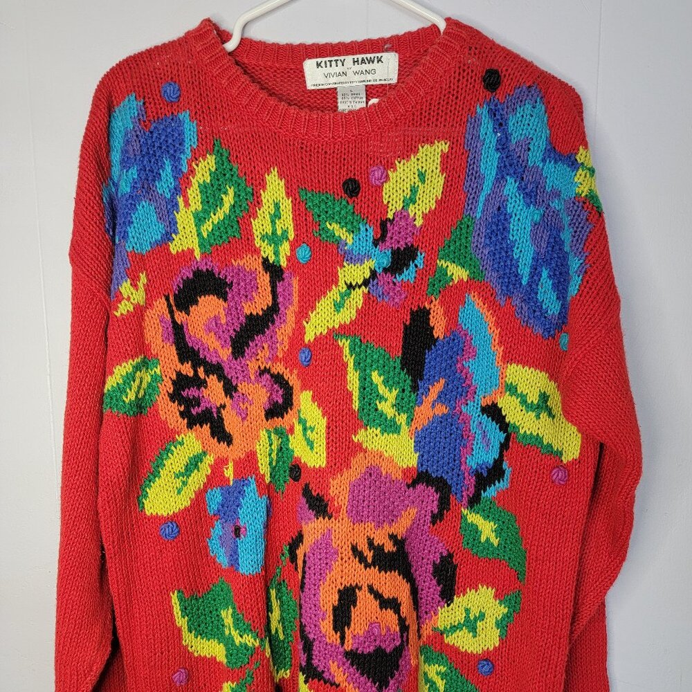 Vintage 1980s Kitty Hawk by Vivian Wang Red Floral Crochet Sweater
